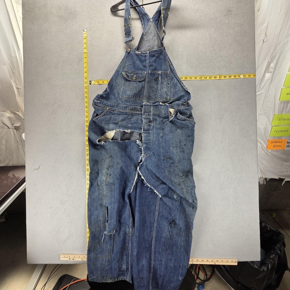 1920s Vintage Denim Bib Overalls Mens Blue Distressed Destroyed Workwear Stains